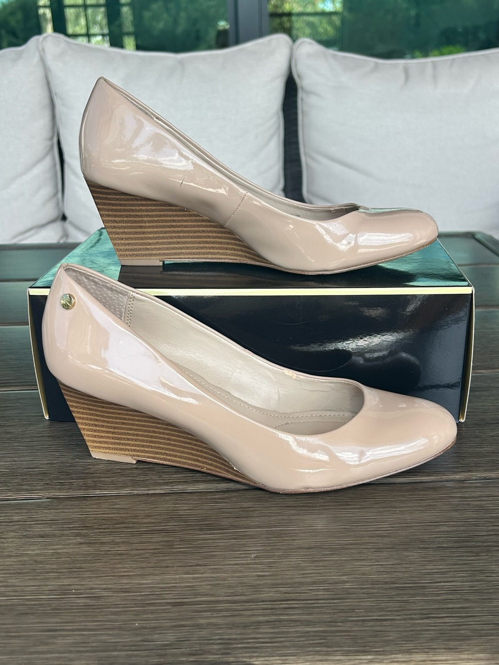 Calvin Klein Patent Leather Tan Wedge Pumps - Women Size 7.5